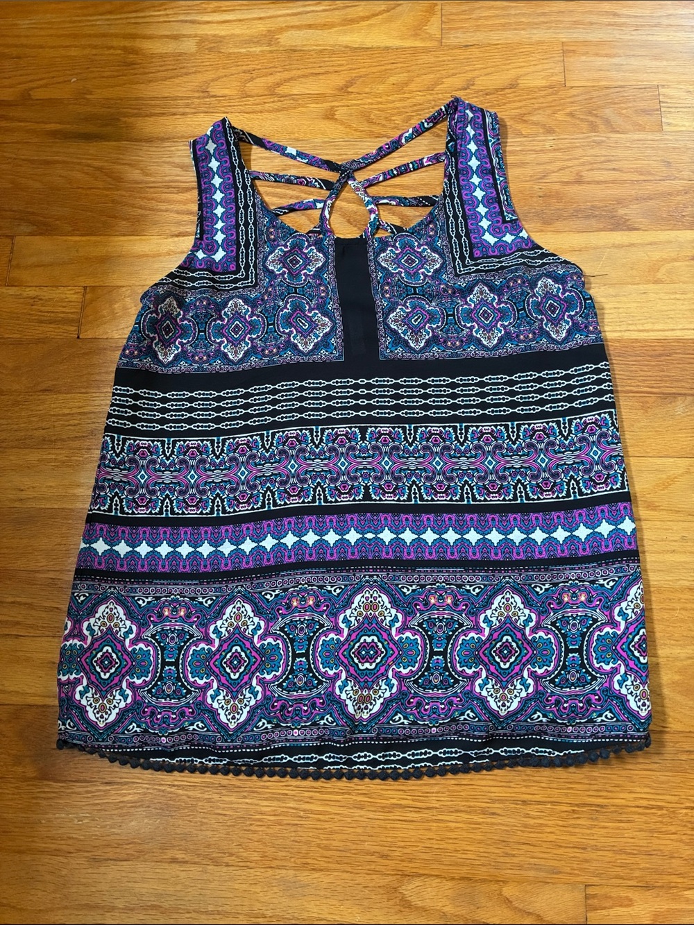 Xhilaration Black Tank with Teal and Purple Paisley Print